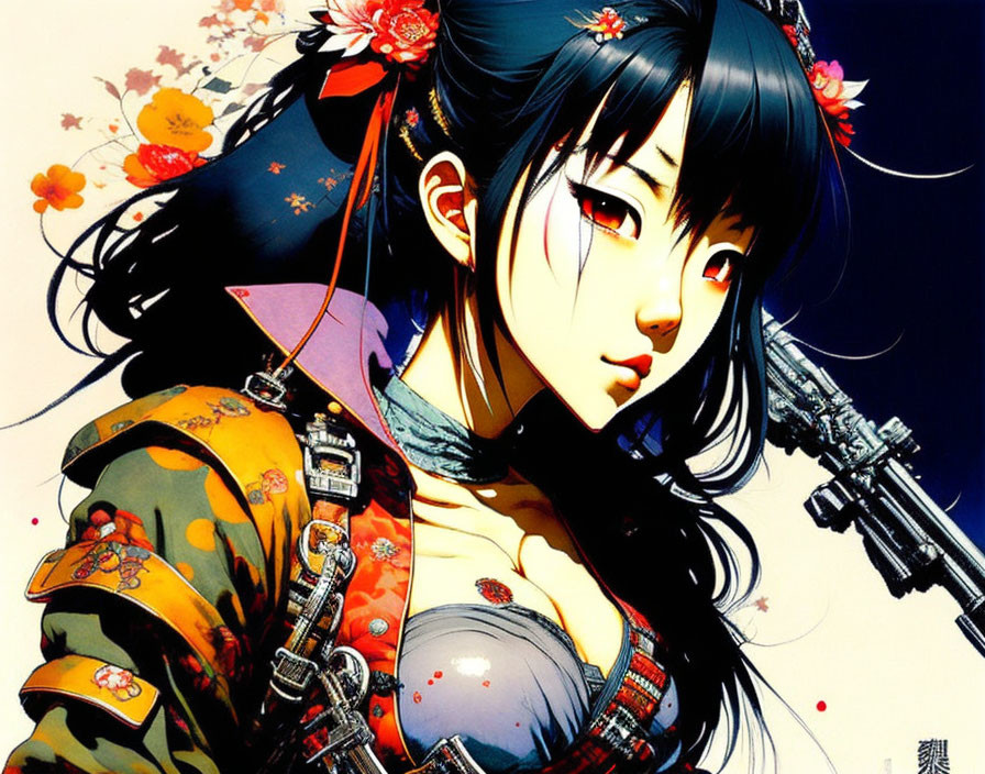 Illustration of woman in kimono with futuristic harness and gun