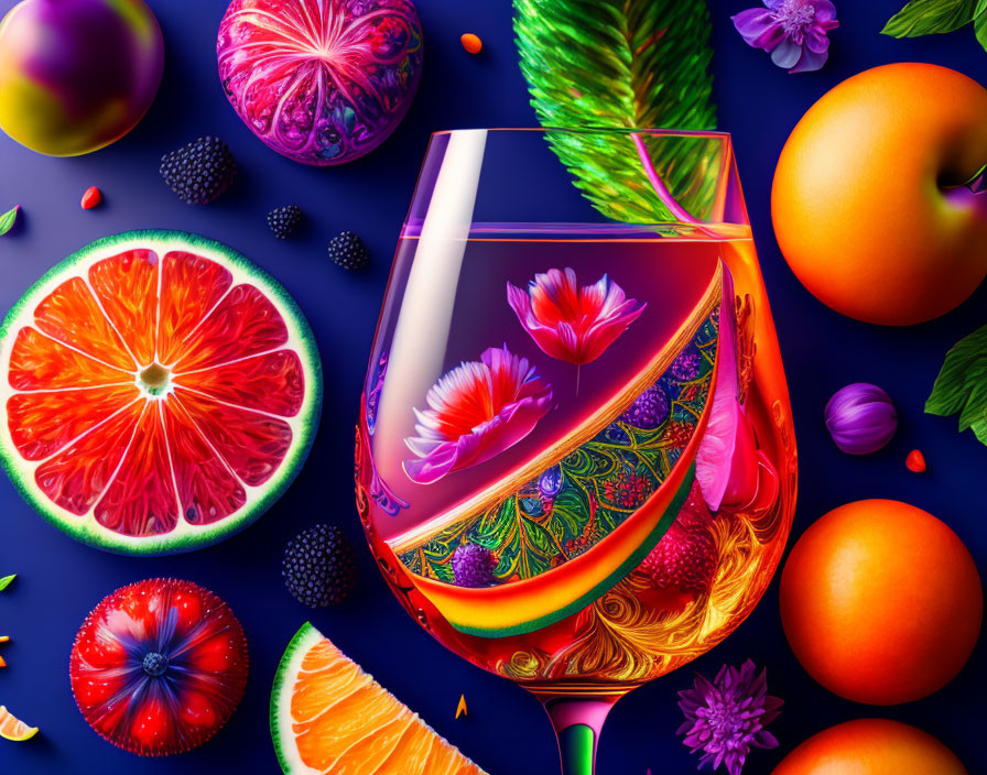 Colorful still life with wine glass, fruits, leaves, and berries on blue background
