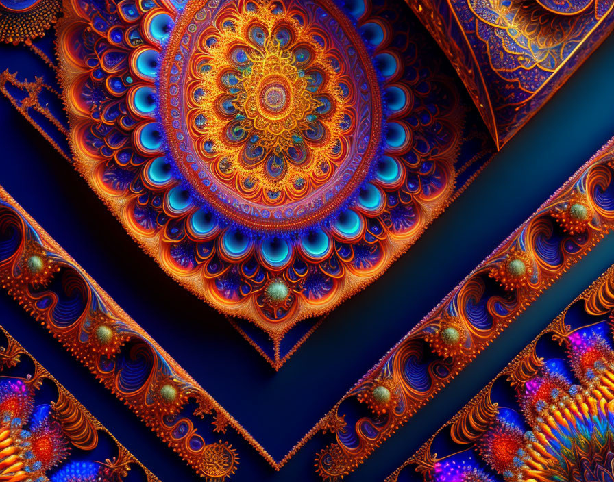 Colorful Fractal Art: Orange and Blue Mandala Patterns