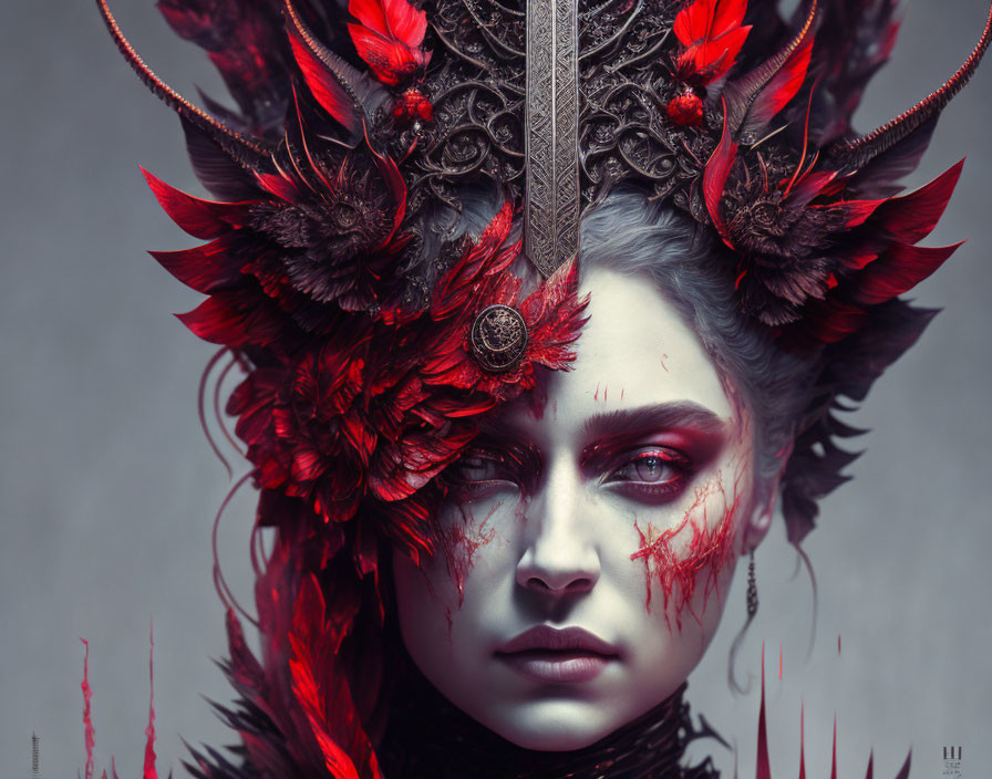 Intricate headdress with red feathers and dark ornate details on a person with somber expression