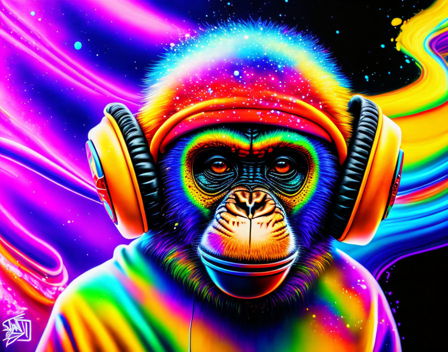 Colorful Monkey with Headphones on Psychedelic Background