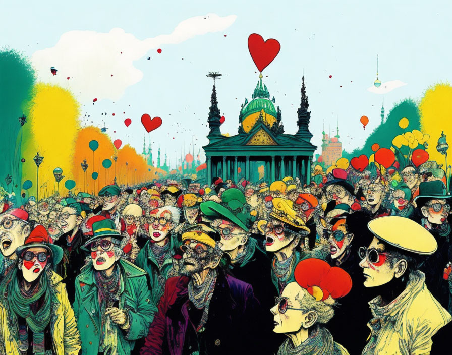 Colorful Crowd Illustration with Heart Balloons and Dome Structure