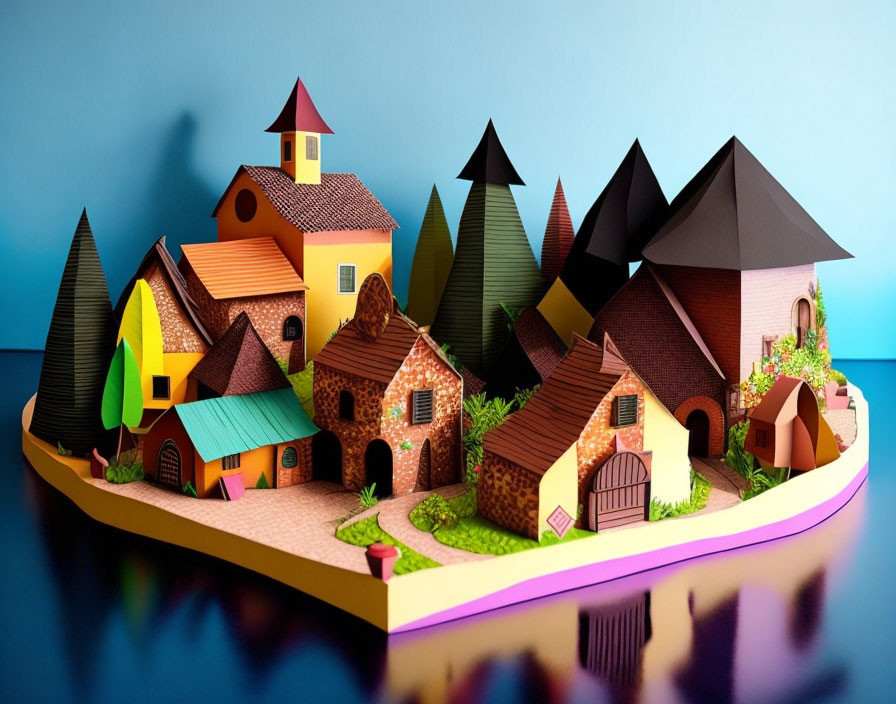 Vibrant 3D Stylized Village Illustration on Glossy Surface