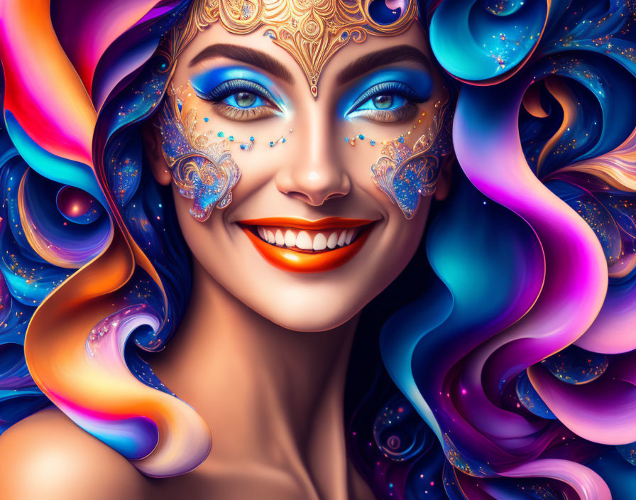 Colorful digital artwork of woman with swirling hair, blue eye makeup, gold mask.