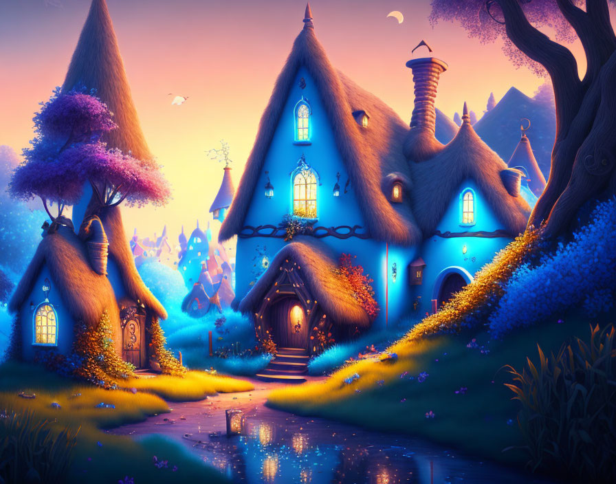 Colorful illustration of magical cottage in twilight landscape