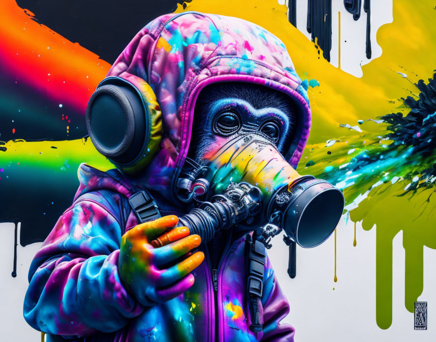 Colorful Chimpanzee Street Art Mural with Gas Mask and Camera