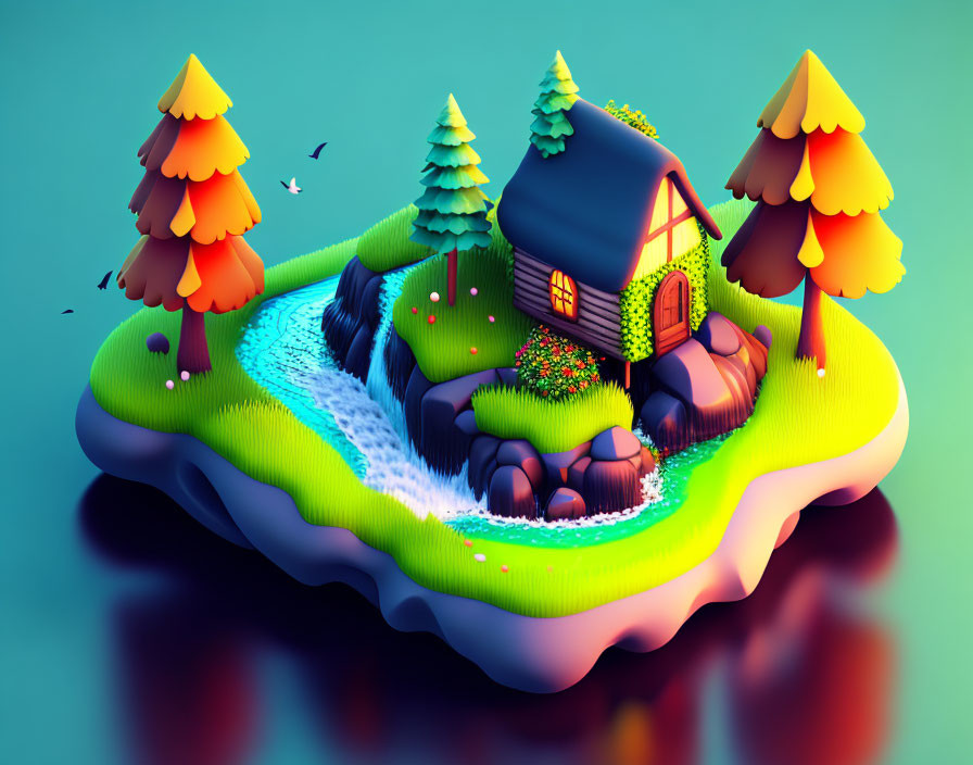 Colorful 3D illustration of whimsical floating island with house, trees, waterfall, birds