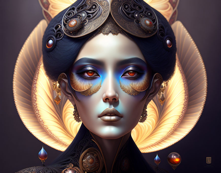 Digital artwork: Woman with blue hair, golden headdress, face paint, fantasy style, dark background