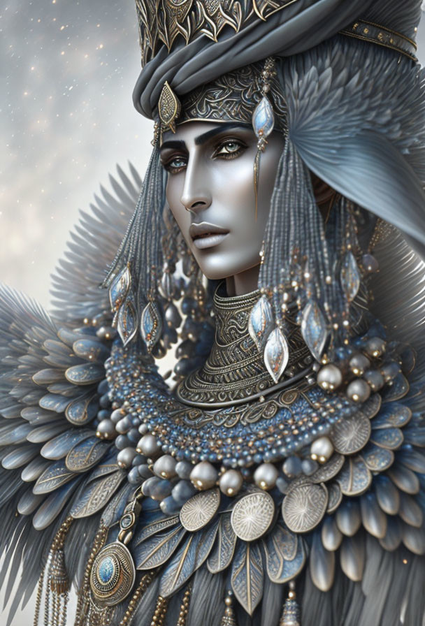 Regal Figure with Jeweled Headdress and Feather Shoulder Piece