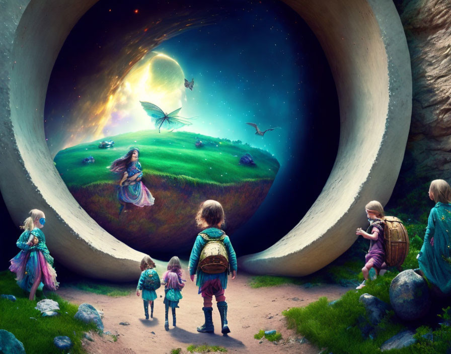 Children with backpacks in vibrant fantasy landscape with giant leaf, birds, and planets viewed from circular tunnel