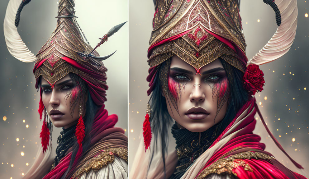 Elaborate horned headgear and striking makeup on a regal fantasy character
