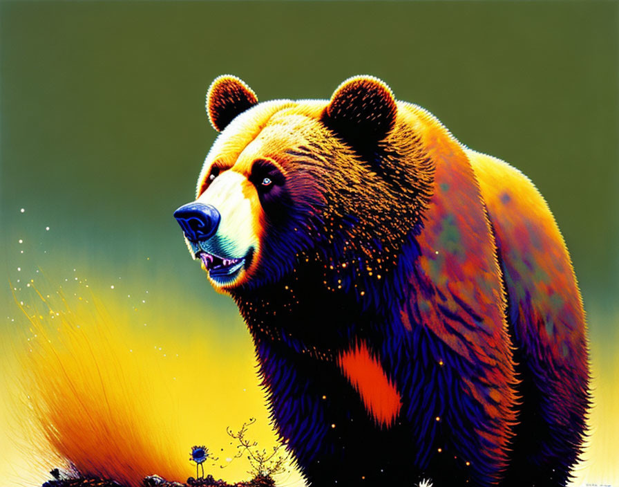 Colorful Bear Illustration with Vibrant Background and Mystical Aura