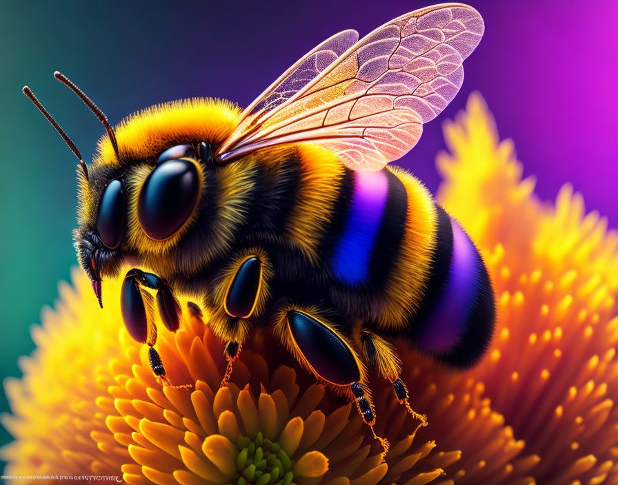 Vibrant digital artwork: bee on orange flower, purple and blue background