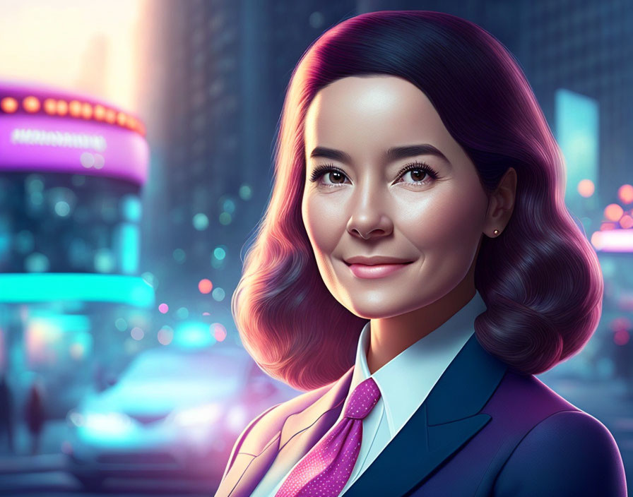 Smiling woman with short wavy hair in suit and tie against neon-lit cityscape at dusk