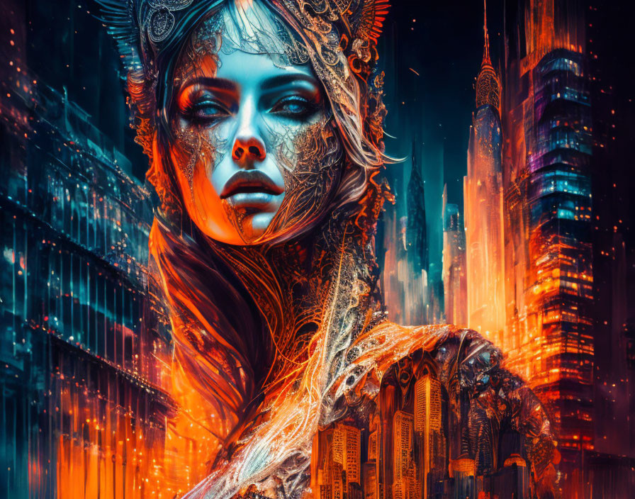 Digital Artwork: Woman with Metallic Adornments in Neon Cityscape