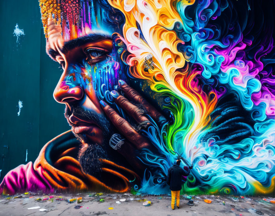 Colorful street art mural depicting a man's face with vibrant swirls.