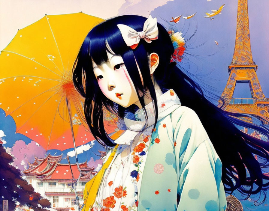 Illustration of a girl with yellow umbrella blending Parisian and Japanese architecture on vibrant backdrop