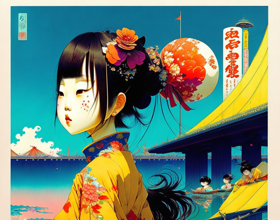 Illustration of girl in traditional Japanese attire with temple and balloon.