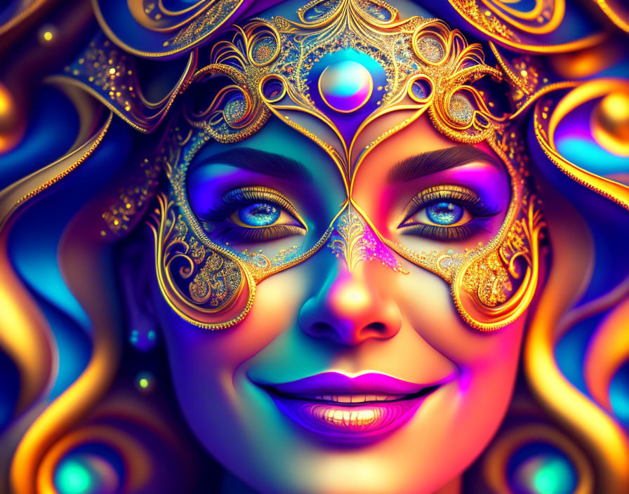 Colorful digital portrait of a woman with gold filigree mask and blue gemstone.