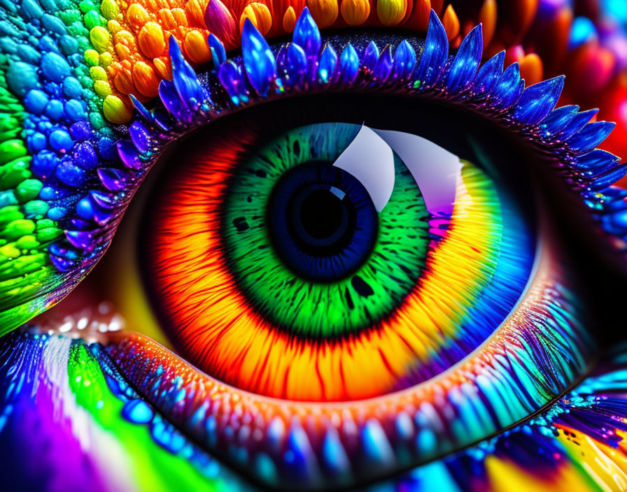 Close-up of vividly colored human eye with multi-colored iris and rainbow-hued flower petals.
