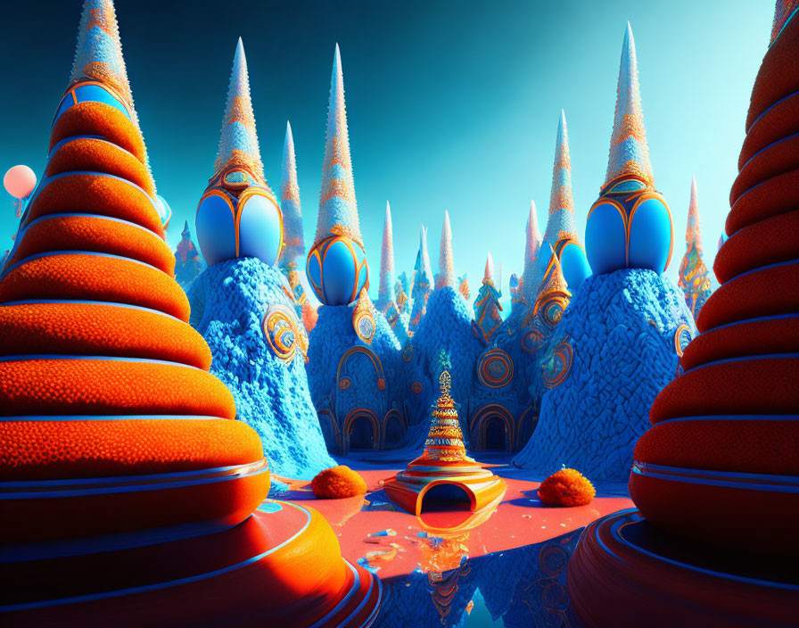 Colorful surreal landscape with textured orange and blue structures on glossy surface