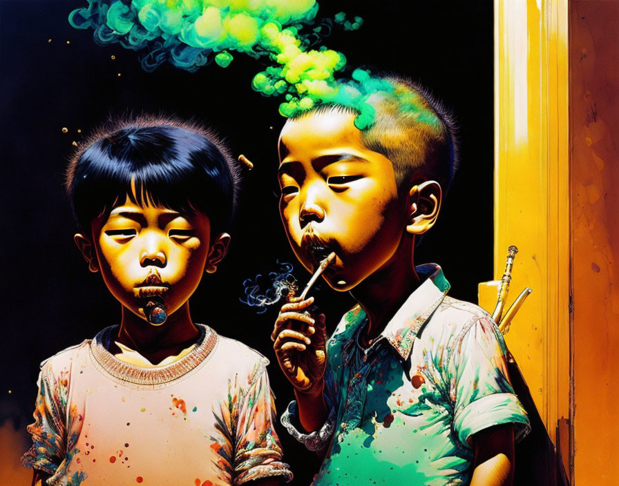 Children blowing colorful smoke in vibrant paint surroundings