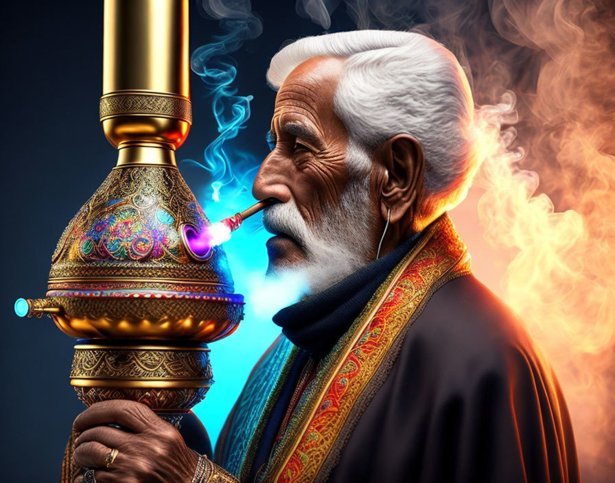 White-Haired Elderly Man Smoking Hookah on Dark Background
