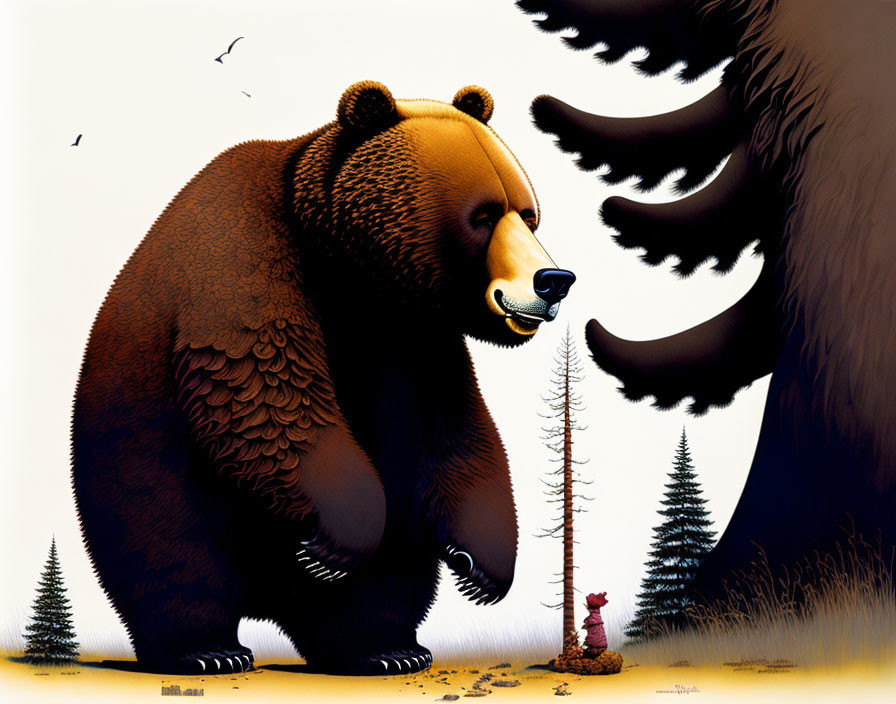 Illustration of Large Bear with Tiny Trees and Silhouette of Bigger Bear
