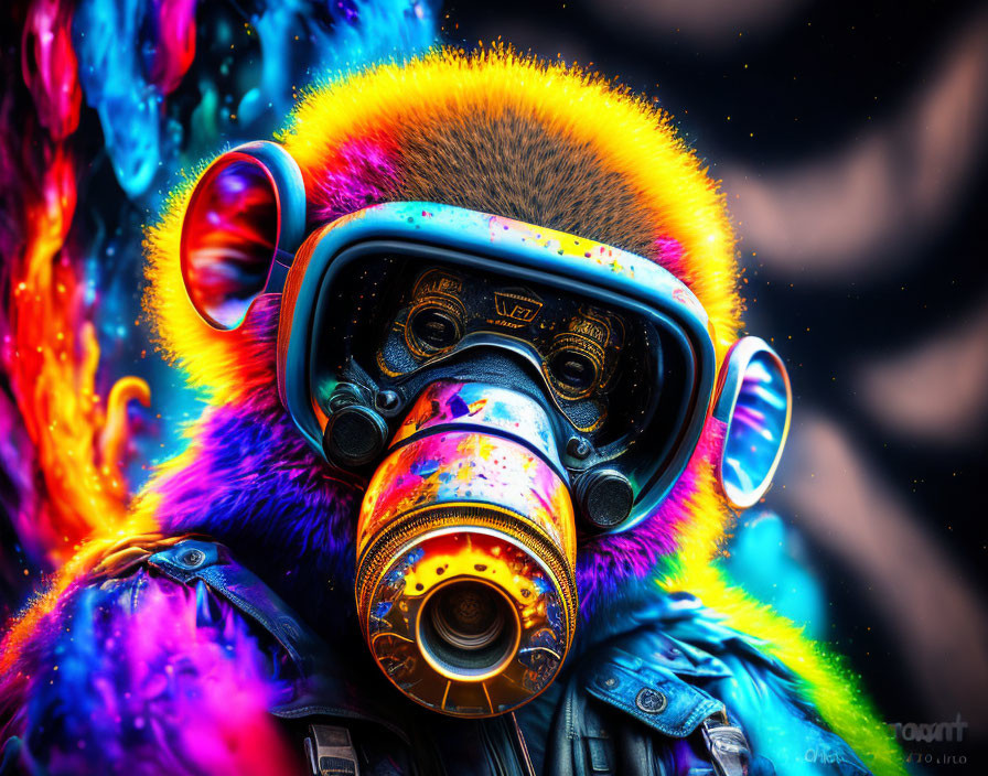 Surreal digital artwork: monkey in gas mask with neon background