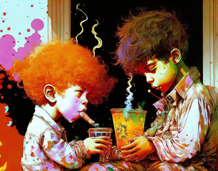Cartoon children sharing colorful drink in vibrant setting