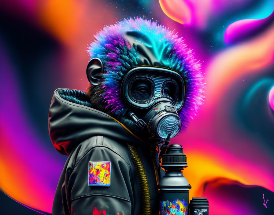 Colorful Monkey Art with Gas Mask and Bomber Jacket on Psychedelic Background