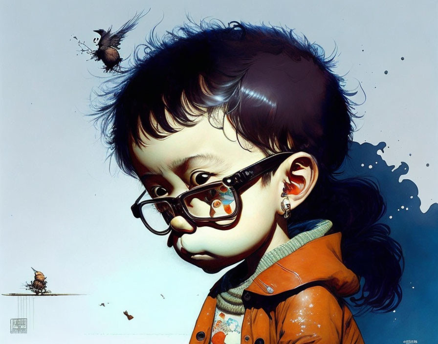 Hyperrealistic Illustration of Young Child with Glasses and Contemplative Expression