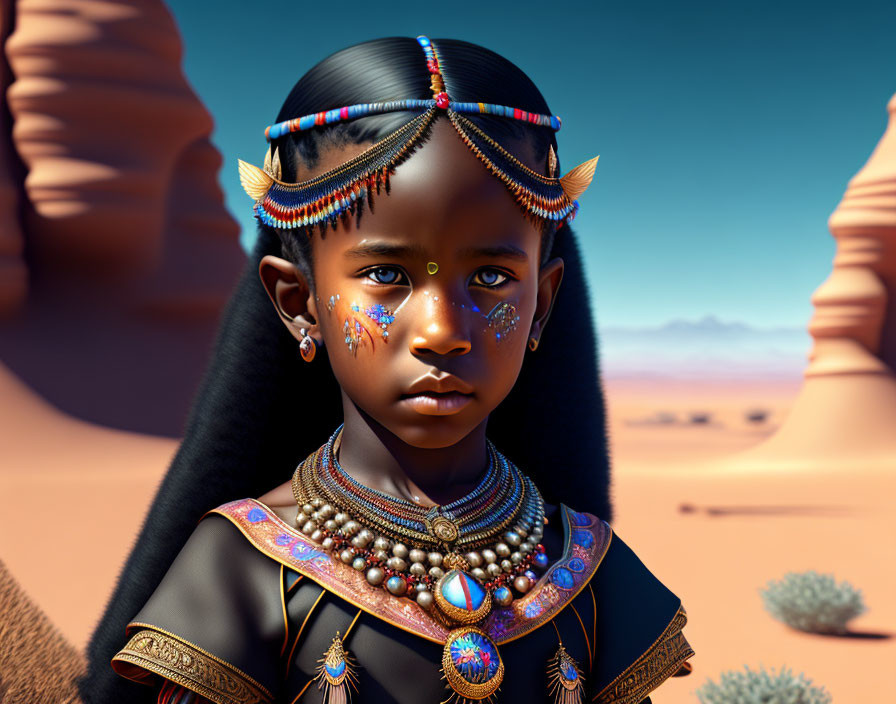 Digital artwork of young girl with tribal jewelry in desert