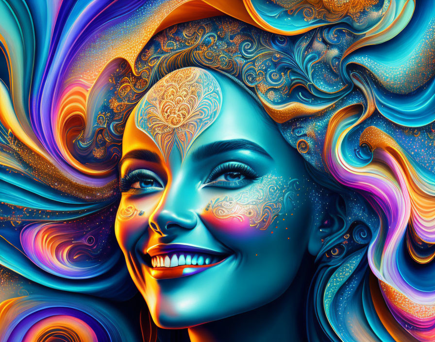 Colorful digital art of a woman with swirling blue, orange, and gold design