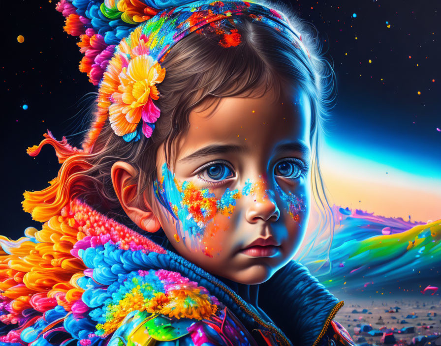 Colorful digital artwork of young girl with paint and flowers against starry backdrop