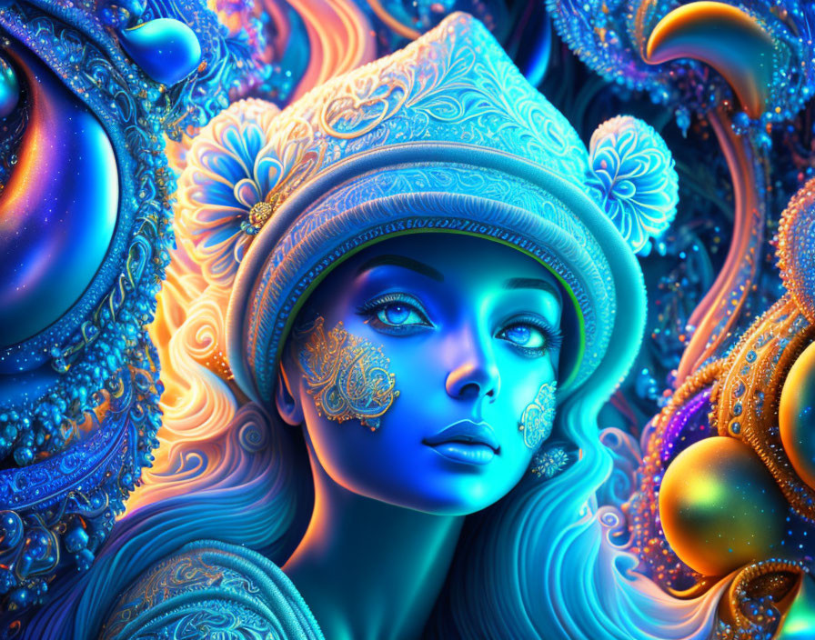 Colorful digital artwork of woman with blue skin and golden patterns on swirling backdrop