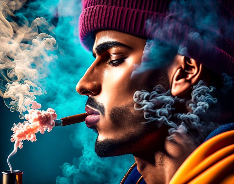 Man in Beanie Exhales Smoke Holding Colorful Object