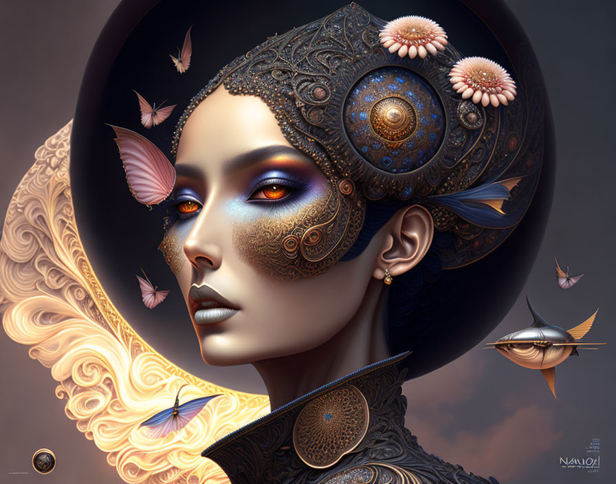 Surreal portrait of woman with ornate headdress and butterflies on dark halo background