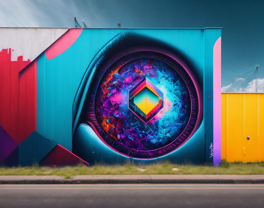 Colorful eye mural with glowing geometric cube on building facade