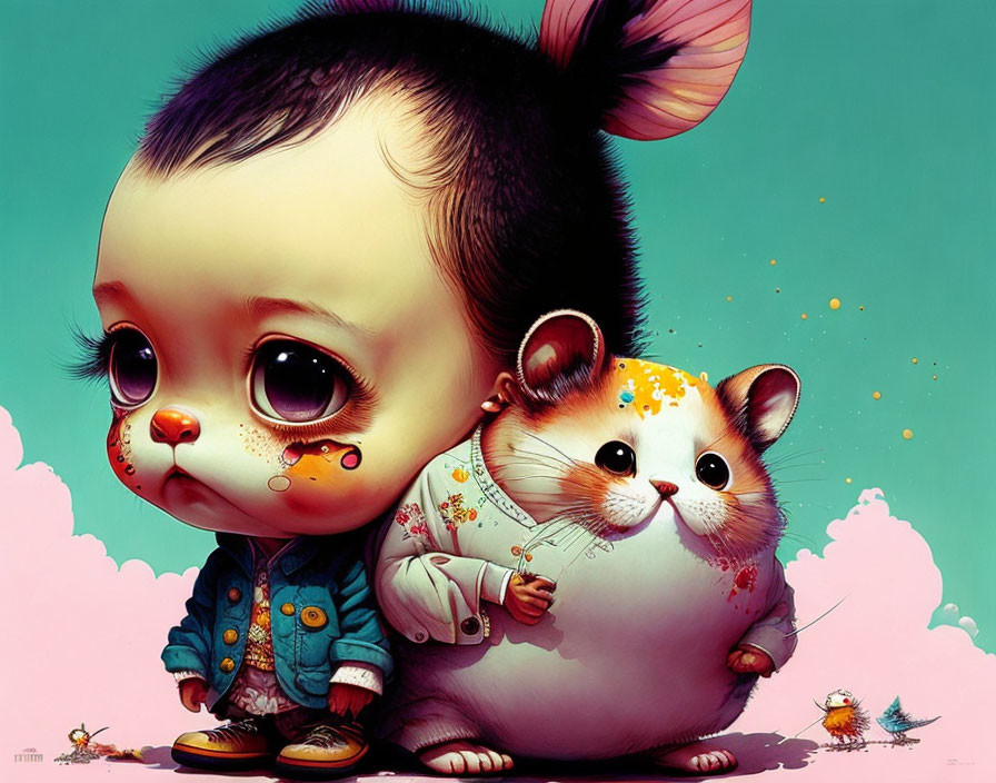 Colorful Cartoon Illustration of Child Holding Hamster