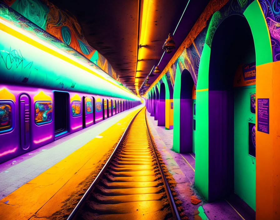 Colorful subway station with neon lights, graffiti art, and tracks perspective
