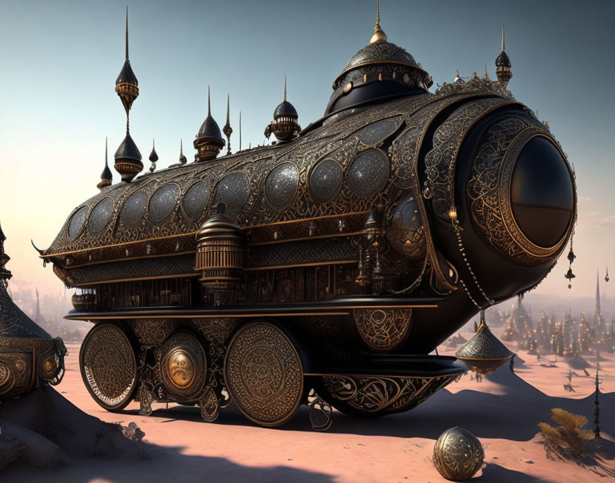 Intricate steampunk locomotive in desert setting