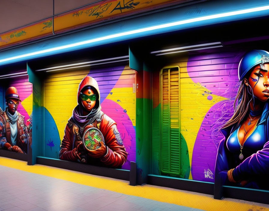 Vibrant urban subway art with futuristic figures on graffiti wall