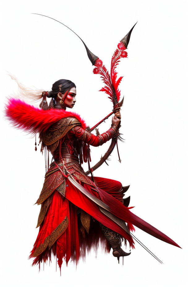 Female warrior in red feathered armor with bow and arrow