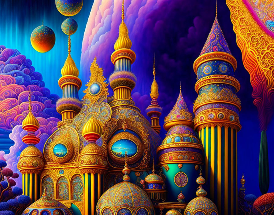 Colorful painting of ornate palace with floating spheres in whimsical sky