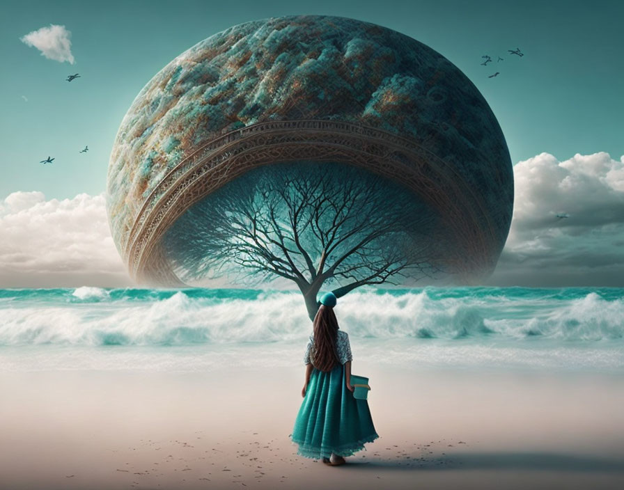 Person in teal dress under colossal tree-like structure by surreal seascape