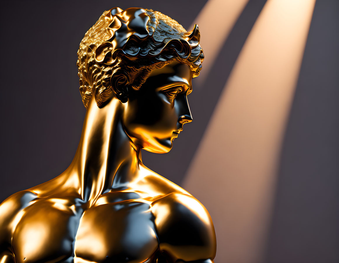 Golden Classical Sculpture Bust with Detailed Face and Hair Texture on Dark Gradient Background