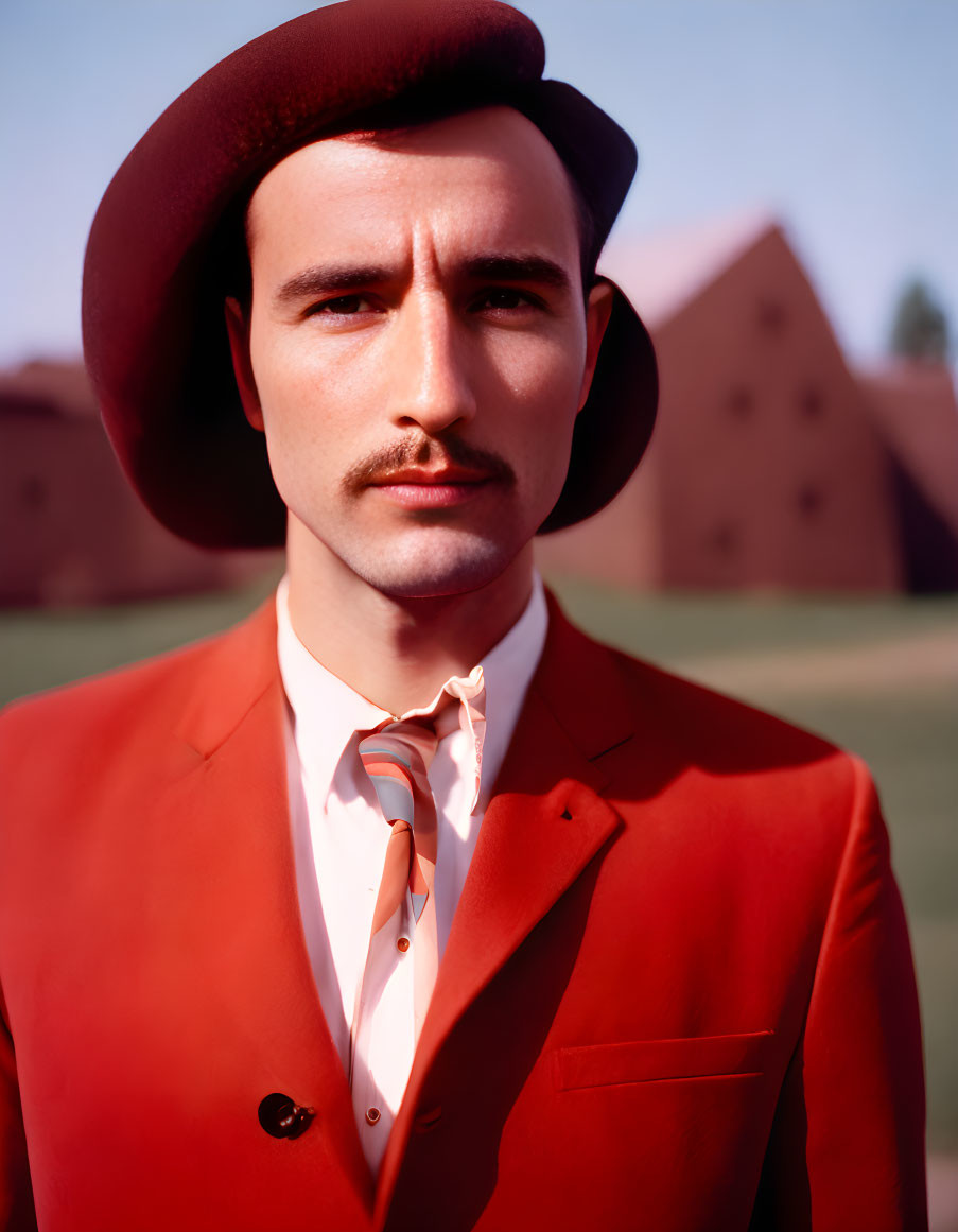 Confident man in red suit and wide-brimmed hat posing outdoors