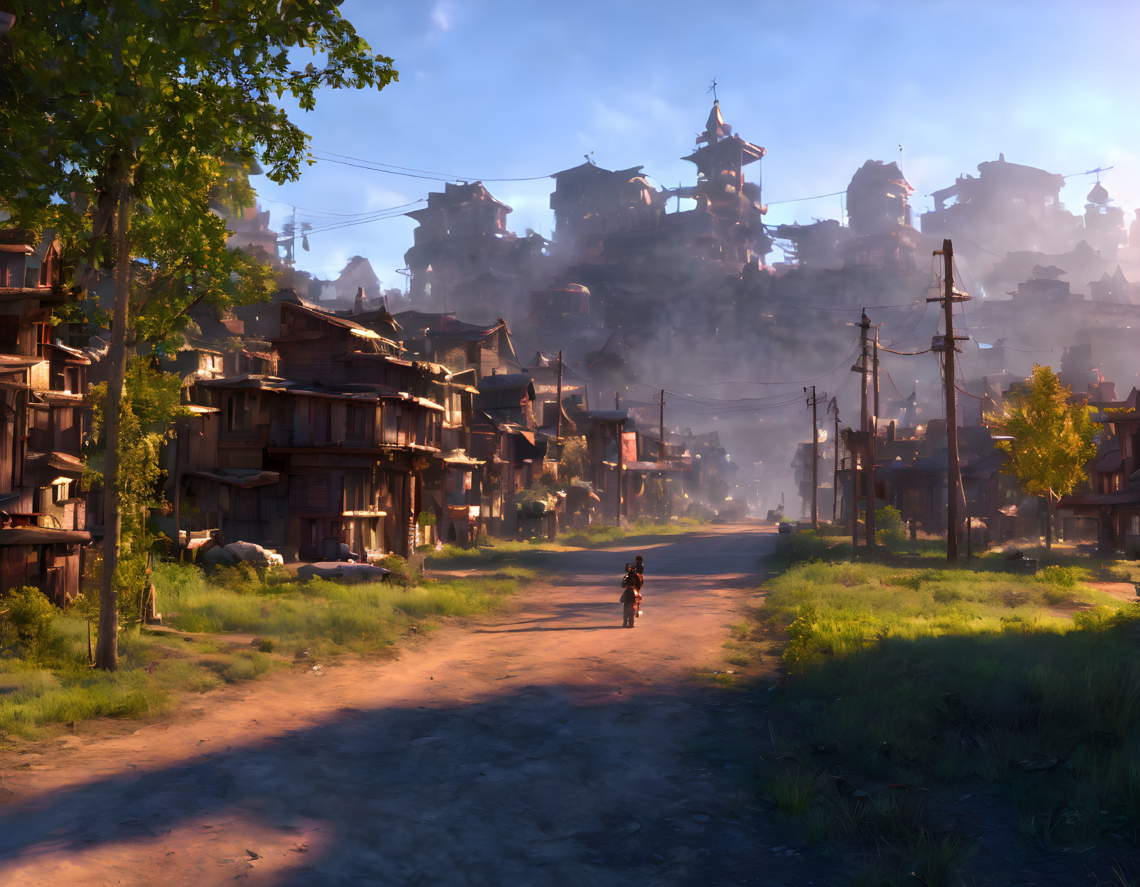 Person walking in sunlit village at sunset with rustic wooden houses