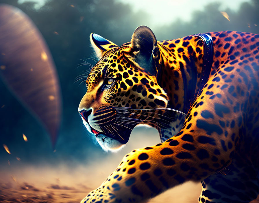 Spotted jaguar in intense pose against misty forest.